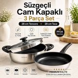 Kochler 28 cm Seramik Iç Yüzeyli Çelik Tencere Tava Seti, Süzgeçli Cam Kapaklı 3 Parça, Tüm Ocak Uyumlu - Gümüş