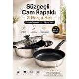 kochler 28 cm Seramik İç Yüzeyli Çelik Tencere Tava Seti, Süzgeçli Cam Kapaklı 3 Parça, Tüm Ocak Uyumlu