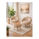 KOKİ DESİGN LİDA Bej Wellsoft Peluş Kumaş İkili Berjer Seti ÖZEL SEHPALI (Salon, Balkon, Ofis)