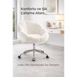 KOKİ DESİGN Papatya Kırık Beyaz Peluş Kumaş Krom Ayaklı Çalışma Sandalyesi ve Ofis Koltuğu (Yükseklik Ayarlı)