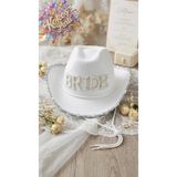 Kokoş Parti Beyaz Bride Taşlı ve İncili Lüks Kovboy Şapkası • Cowgirl Şapka • Bekarlığa Veda Gelin Şapkası