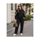 Kokosh moda Gün Boyu Konfor Şıklık-Kadın Leopar Desen Şeritli Uzun Kollu Sweatshirt Bol Paça Pantolon İkili Büyük Beden Takım