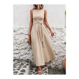 Kokosh moda Kadın Belden Bağcıklı Yuvarlak Yaka Omuzları Açık Uzun Aerobin Elbise