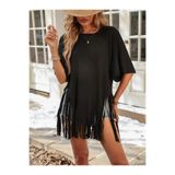 Kokosh moda Kadın Kısa Kollu Bisiklet Yaka Püsküllü Viskon Bluz