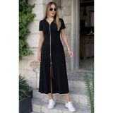 Kokosh moda Kadın Kısa Kollu Önü Fermuarlı Kloş Midi Boy Vİskon Elbise
