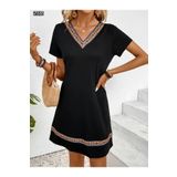 Kokosh moda Kadın KISA Kollu v Yakalı Etnik Desen Şerit Detaylı Viskon Elbise