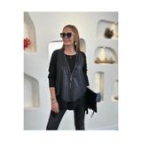 Kokosh moda Kadın Uzun Kollu Asimetrik Kesim Viskon Bluz Ve çatlak Deri Görünümlü Yelek Ikili Takım