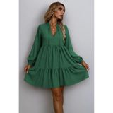 Kokosh moda Kadın Uzun Kollu Yakadan Bağcıklı Fırfırlı Keten Mini Elbise