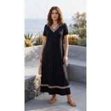 Kokosh moda Kadın V Yaka Kısa Kollu Etnik Desen Şerit Detaylı Uzun Viskon Elbise