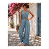 Kokosh moda Şıklığın Tek Parçası | Kadın Kolsuz Kruvaze Yakalı Kemer Detaylı Bol Paça Tulum