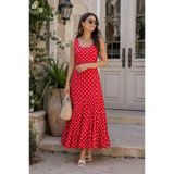 Kokosh moda Zamansız Şıklığın İmzası- Kadın Askılı Yuvarlak Yaka Puantiyeli Uzun Yazlık Süprem Elbise (138 CM)