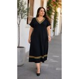 Kokosh moda Zamansız Şıklık - Kadın Etnik Desenli V Yakalı Şerit Detaylı Rahat Kalıp Uzun Viskon Elbise