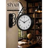 Kolay Ev Siyah Çift Taraflı Istasyon Saati 36X25 cm Metal Duvar Saati Ofis Salon Kafe Dekoru