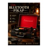 KOLAYEV Retro Bluetooth Pikap Ahşap Gövdeli Şarjlı Valiz Tipi Gramofon Plak Çalar Siyah Kırmızı 33/45/78 Devir