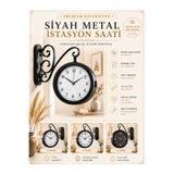 KOLAYEV Siyah Metal Çift Taraflı İstasyon Saati 36x25 Cm Sessiz Mekanizma Duvar Saati Varyantlı