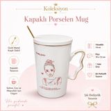 Koleksiyon Kapaklı Porselen Mug Pretty Girls Gold Kaşıklı 14 cm GP-2676 | Gold Metal Kaşık Dahil, Kapak Dahil, Kız Figürlü Tasarım, 10 x 7,5 cm Ölçü, Kahve ve Çay İçin