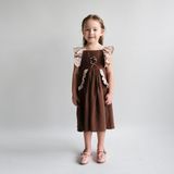 Kolları Fırfırlı Askılı Kız Çocuk Elbise - Kahverengi - 3 Yaş