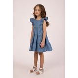 Kolları Fırfırlı Kat Kat Denim Kız Çocuk Yazlık Kolsuz Kot Elbise - Mavi - 3 - 4 Yaş