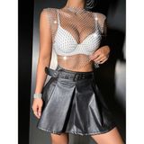 Kolsuz Bluz Zincir Taş Işlemeli File Crop Üst & Deri Mini Etek – Festival Party Set - Beyaz - Standart
