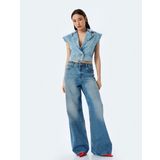 Kolsuz Kruvaze Yaka Crop Denim Düğmeli Yelek