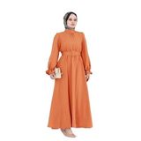Kolu Volanlı Kemerli Henna Elbise-Turuncu