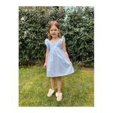Kolu Volanlı Mavi Pöti Kare Desenli Kız Çocuk Elbise