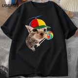 Komik Kedi Grafik T Shirt Erkekler Kadınlar Için Harajuku Pamuk Kısa Kollu Tişört Rahat Nefes 2879 - Siyah - XL