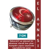 Kompakt Çanta Cep Boy Dekoratif Hediyelik Çok Şık Zarif Estetik Türk Bayrağı Motifli El Aynası 7 Cm