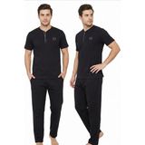 Kompedan Erkek % 100 Pamuk Düğmeli Yaka Altı Düz Cepli Kısa Kol Pijama Takımı | Siyah 621 - XL
