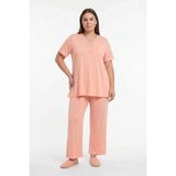 Kompedan Kadın Bambu Önü Düğmeli Yaka Dantelli Büyük Beden Kısa Kol Pijama Takımı | Somon 1000-76 - Renkli - 2XL