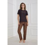 Kompedan Kadın Leopar Desenli Bisiklet Yaka Pijama Takım | Siyah 30102-1287