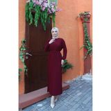 Komple Piliseli ve Kemerli Uzun Elbise - Bordo - 1