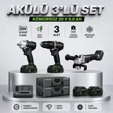 Kömürsüz Akülü 3 Parça Set Darbeli Matkap Avuç Taşlama Somun Sökme 20V 5.0Ah Çift Akülü