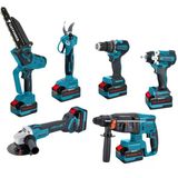 Kömürsüz Akülü 6 Lı Set: Matkap, Somun Sıkma, Kırıcı Delici, Avuç Taşlama, Zincirli Testere, Dal Budama 20V 4.0Ah - Catpower1560