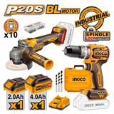 Kömürsüz Li-İon Akülü 2 Li Kombo Set - Matkap Ve Avuç Taşlama 20V 2.0/4.0 Ah - Ing-Cklı20273e