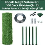 Konak Tel Çit Sistemleri 1 Adet 10 Metre Çim Çit ve 5 Adet Panel Çit Direği Yeşil Aksesuarlar Dahil - 100 cm