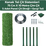 Konak Tel Çit Sistemleri 1 Adet 10 Metre Çim Çit ve 5 Adet Panel Çit Direği Yeşil Aksesuarlar Dahil - 75 cm