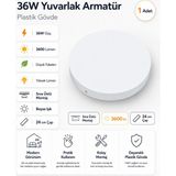 Kondel Aydınlatma 1 Adet Horoz 36W Yuvarlak LED Armatür 24 cm Sıva Üstü Beyaz Işık 3600 Lümen Plastik Gövde