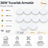 Kondel Aydınlatma 10 Adet Horoz 36W Yuvarlak LED Armatür 24 cm Sıva Üstü Beyaz Işık 3600 Lümen Plastik Gövde