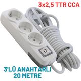 Kondel Aydınlatma 3'lü Anahtarlı 20 Metre Uzatma Kablosu Topraklı 3x2,5 Ttr Cca - Beyaz