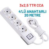 Kondel Aydınlatma 4'lü Anahtarlı 20 Metre Uzatma Kablosu Topraklı 3x2,5 Ttr Cca - Beyaz