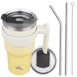 Konokyo 30oz Saplı ve 2 Pipetli 2 Kapaklı Bardak, Yalıtımlı Su Şişesi Paslanmaz Çelik Vakumlu Bardak Yeniden Kullanılabilir Seyahat Kupası, Limon
