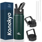 Konokyo Yalıtımlı Su Şişesi 18oz Paslanmaz Çelik Su Şişeleri 3 Kapaklı Spor Su Şişesi, Ordu Yeşili