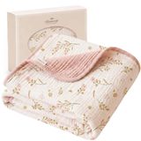 Konssy Kız Çocuk Battaniyeleri, Ters Çevrilebilir Battaniye%100 Pamuk (Muslin) Bebek Yatağı Battaniyeleri Süper Yumuşak Bebek Bebek Battaniyesi 111 cm x 119 cm (Pembe Çiçekli)