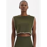 Kontrast Biyeli Sıfır Kol Crop Top Koyu Yaprak Yeşili