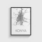 Konya Şehir Haritası Tablo Çerçeveli Poster Duvar Dekorasyonu - 21 x 30 - Siyah Çerçeveli