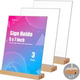 KOOLDE Akrilik İşaret Tutacağı 5 x 7 İnç L/T Şekilli Ahşap Taban Çift Taraflı Şeffaf Teşhir Standı Menü Standı, Düğün, Restoran, Mağaza, Ofis, Otel için İki Yuvalı Ahşap Taban (3'lü Paket)