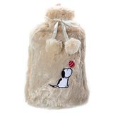 Köpek Desenli Bej Pelüş Sıcak Su Torbası, 2 Litre Kapasite, 20x35 cm, Çıkarılabilir Yıkanabilir Kılıf, Ponponlu Tasarım
