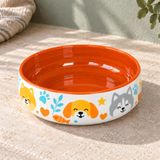 Köpek Mama ve Su Kabı Seramik Porselen Kase, 600 ml, 15 cm, Sırlı Yüzey, Bulaşık Makinesinde Yıkanabilir, Desenli, Geniş Ağızlı, Kaymayan Ağırlıkta, Turuncu