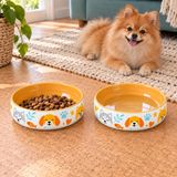 Köpek Mama ve Su Kabı Seramik Porselen Kase İkili Set, 600 ml, 15 cm, Sırlı Yüzey, Bulaşık Makinesinde Yıkanabilir, Desenli, Geniş Ağızlı, Kaymayan Ağırlıkta, sari